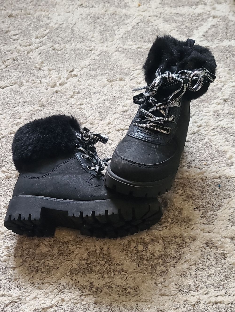 4 for $28 - Joe Fresh Girls size 11 Black Hiking Boots with Faux Fur & Zippers
